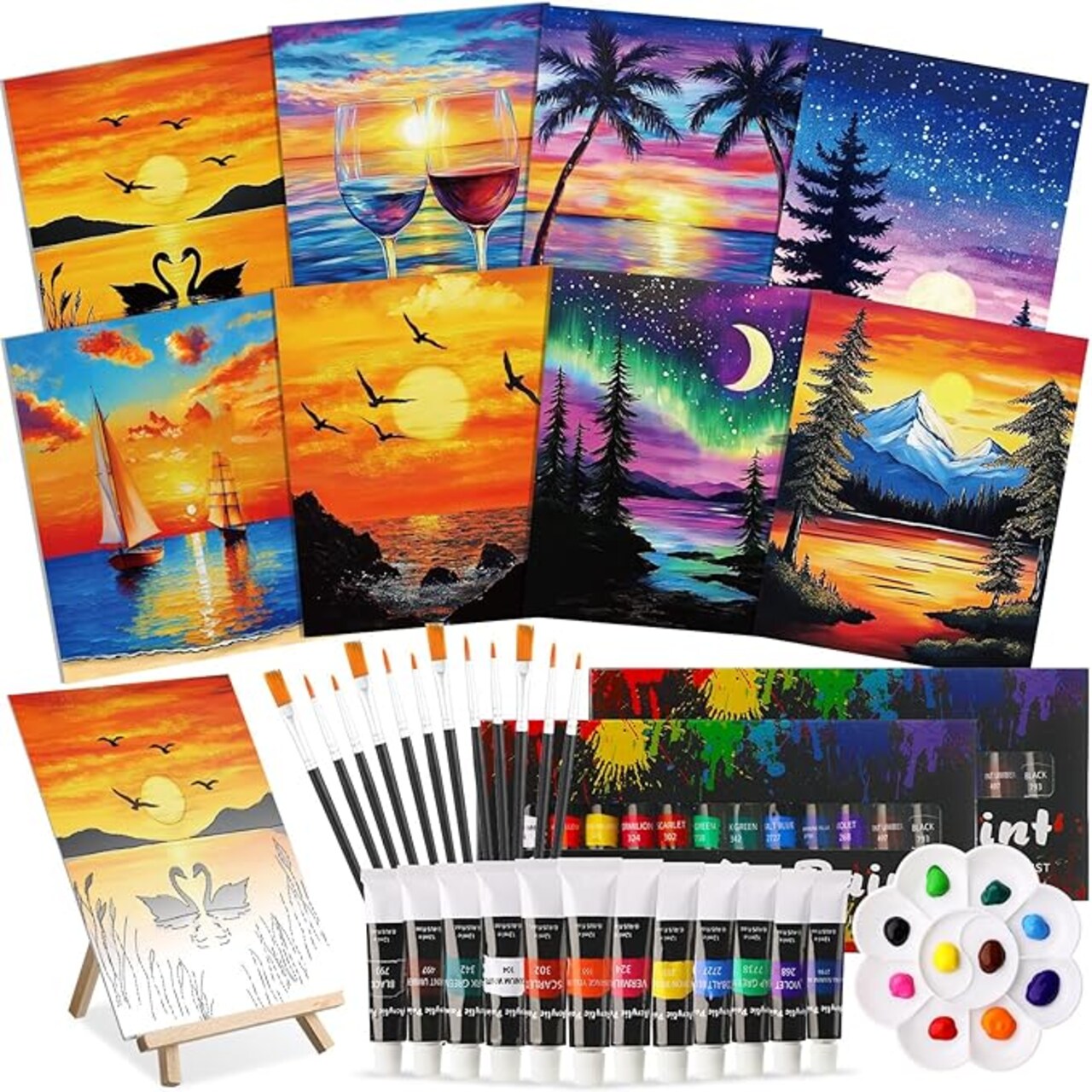 36 Pcs Paint and Sip Kit for Adults 8''x10'' Pre Drawn Canvas for Painting DIY Afro Acrylic Painting Kit Wood Easel Brushes Date Night Bulk for Mother's Day Party Gifts